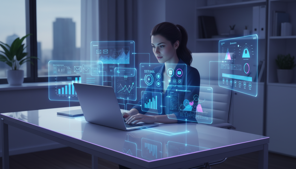 Freelancer using AI marketing tools with holographic dashboards for email, social, SEO and ads