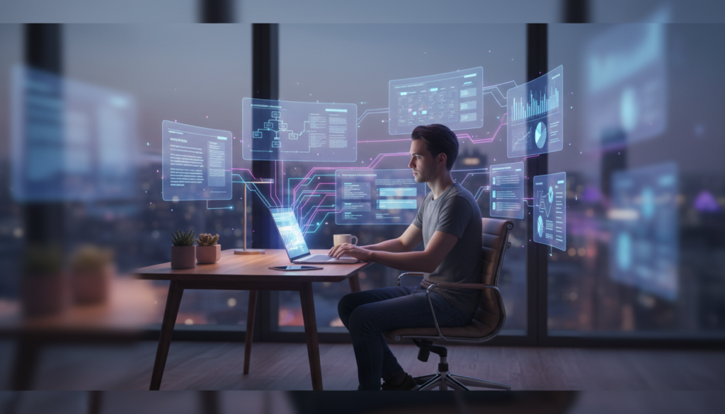 Freelancer using the best AI tools for freelancers with holographic panels showing writing, automation, calendar, email and analytics